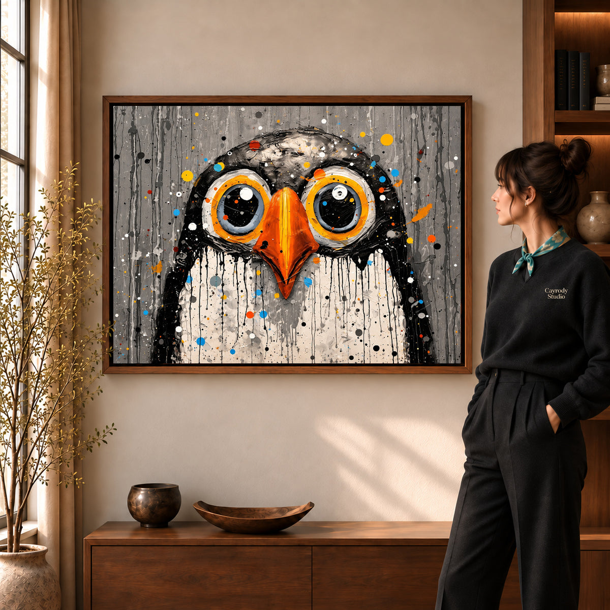 Wide Eyed Owl canvas art in a walnut frame beside a standing woman and wooden console.