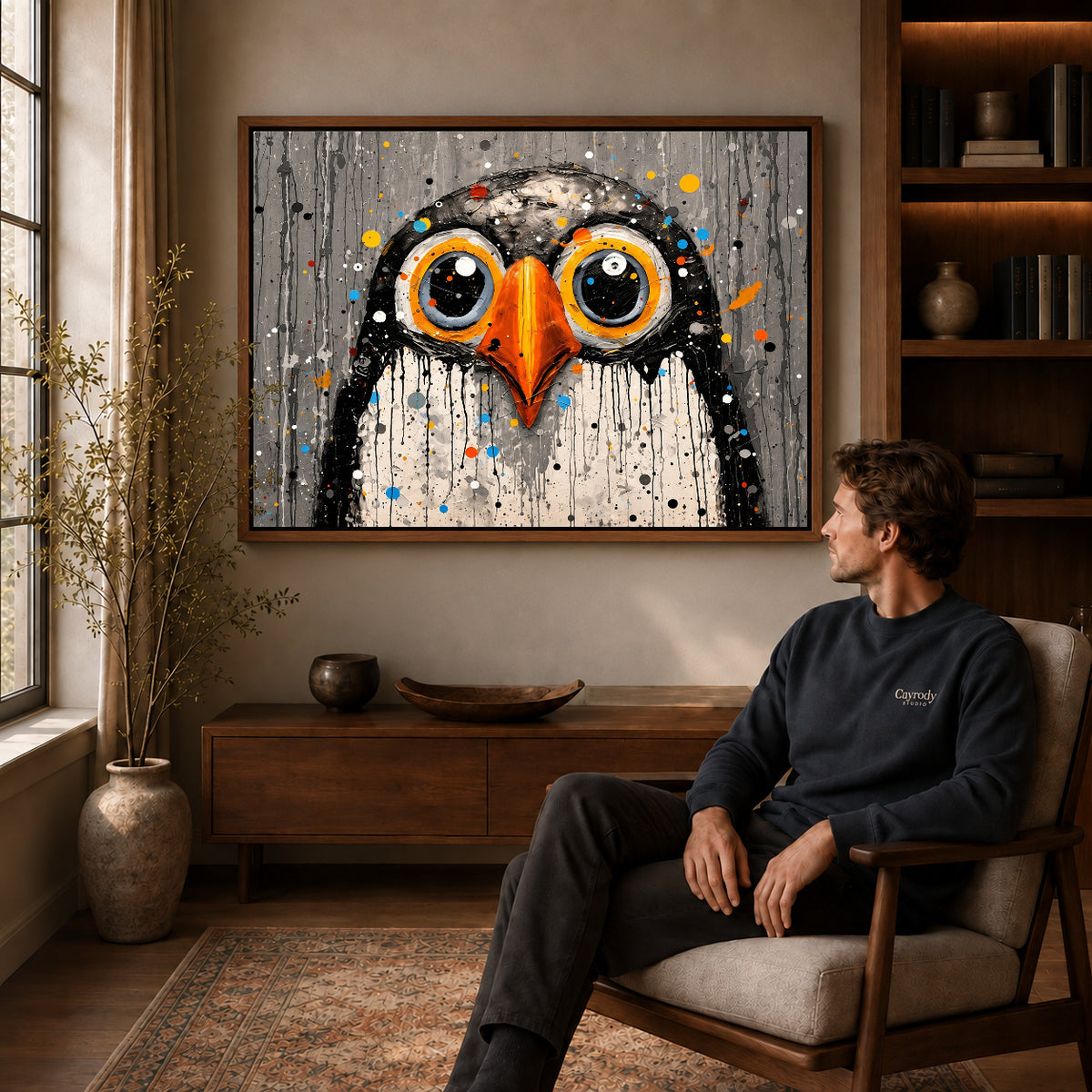 Wide Eyed Owl canvas art in a walnut frame above a console beside a seated man.
