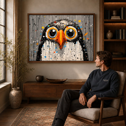 Wide Eyed Owl canvas art in a walnut frame above a console beside a seated man.