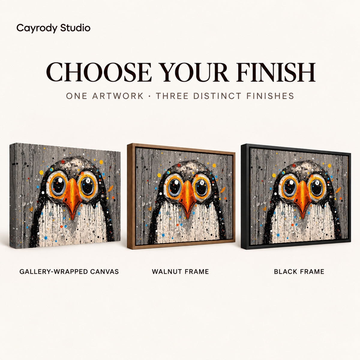 Wide Eyed Owl canvas art compared across gallery-wrapped canvas, walnut frame, and black frame finishes.