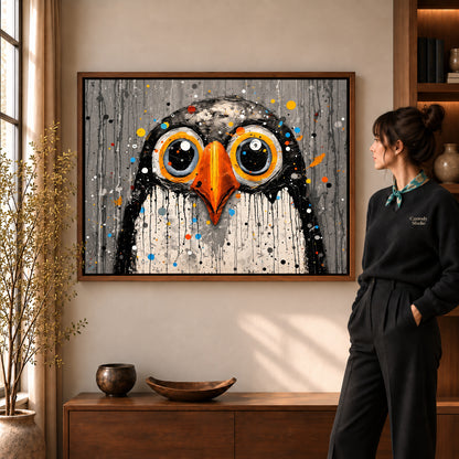 Wide Eyed Owl canvas art shown in the walnut frame option within a warm living room.