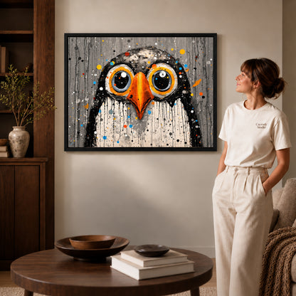 Wide Eyed Owl canvas art shown in the black frame option against a softly lit wall.
