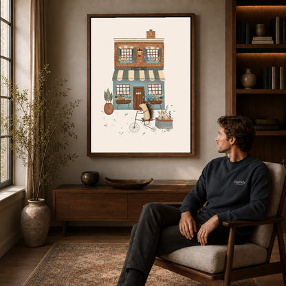 Hedgehog fruit shop canvas art in a walnut frame above a console beside a seated man.