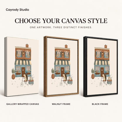 Hedgehog fruit shop canvas art compared across gallery-wrapped canvas, walnut frame, and black frame finishes.