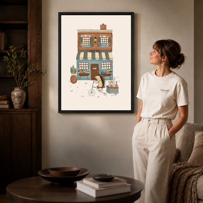 Hedgehog fruit shop canvas art shown in the black frame option against a softly lit wall.