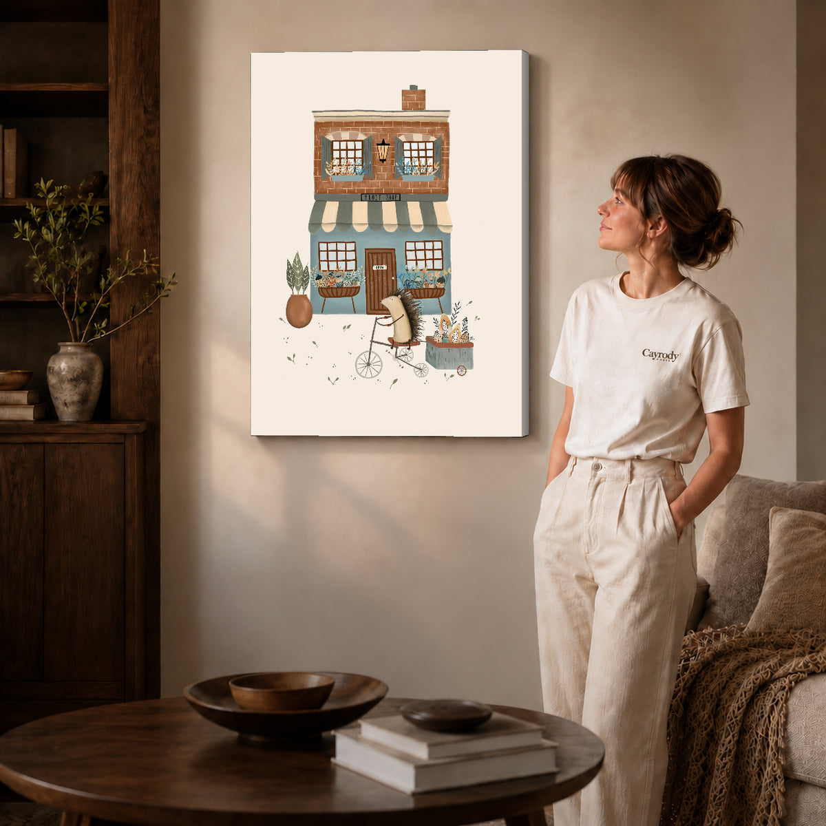 Hedgehog fruit shop canvas art shown in the gallery-wrapped option with visible depth and warm surroundings.