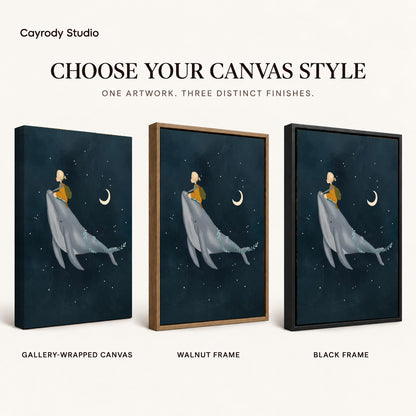 Whale rider canvas art compared across gallery-wrapped canvas, walnut frame, and black frame finishes.