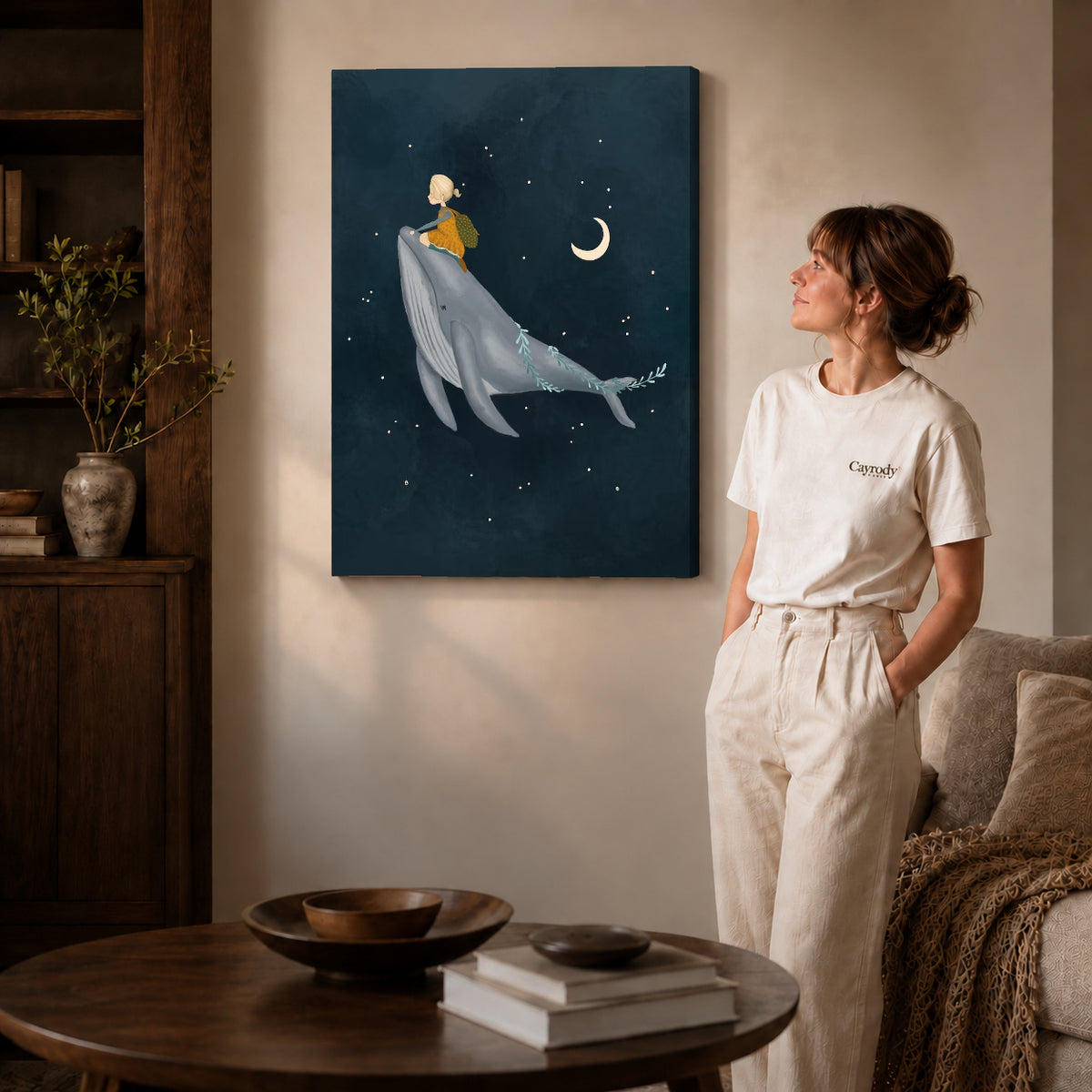 Whale rider canvas art shown in the gallery-wrapped option with visible depth and warm surroundings.