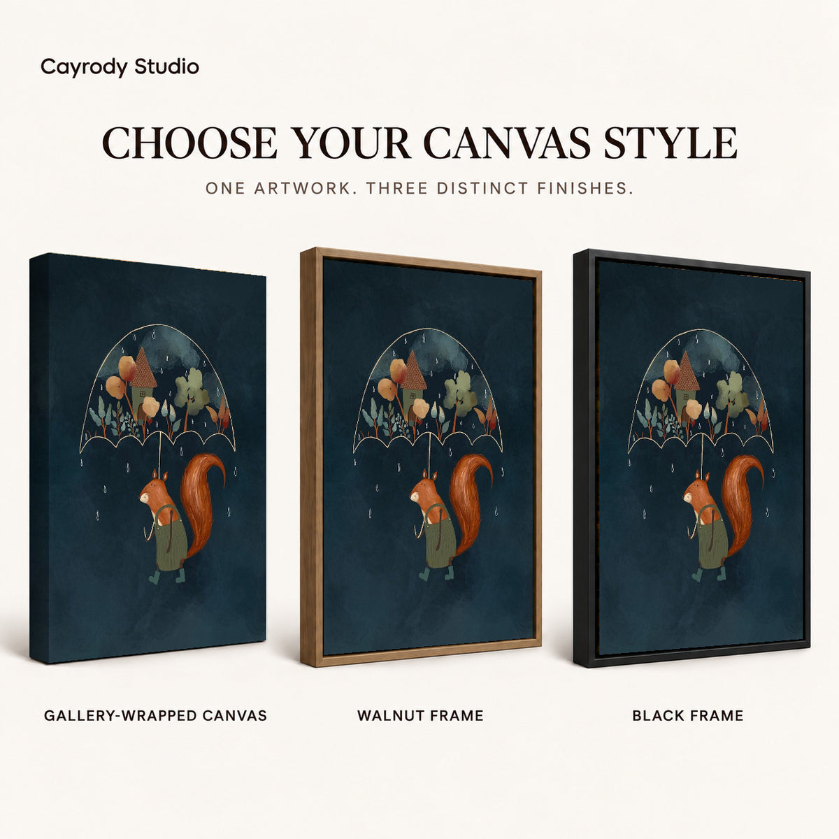 Squirrel umbrella canvas art compared across gallery-wrapped canvas, walnut frame, and black frame finishes.