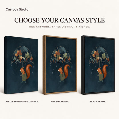 Squirrel umbrella canvas art compared across gallery-wrapped canvas, walnut frame, and black frame finishes.