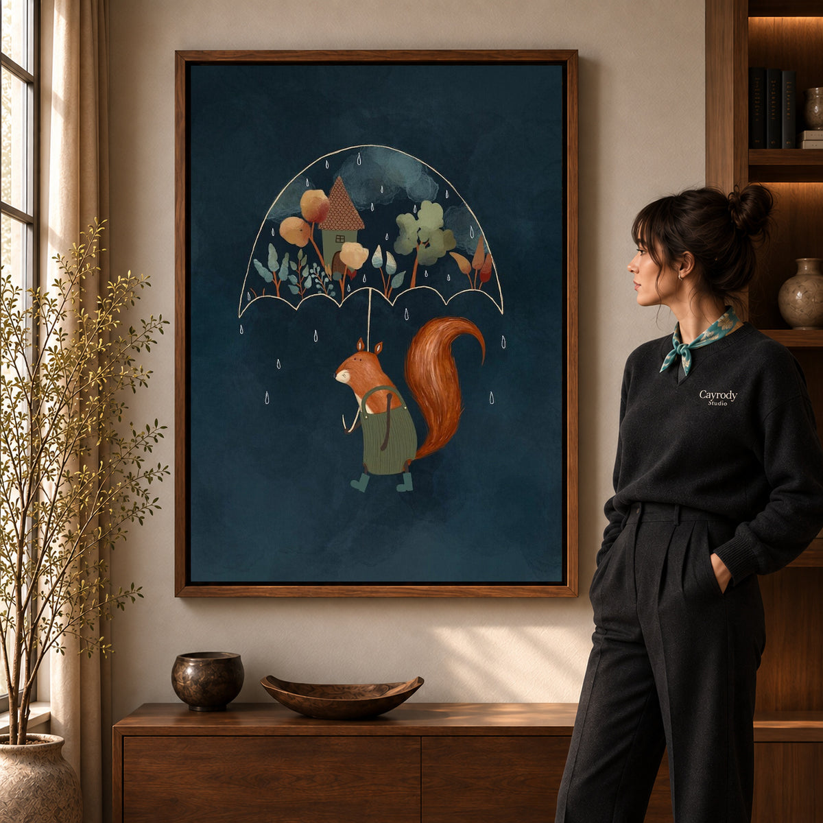 Squirrel umbrella canvas art shown in the walnut frame option within a warm living room.