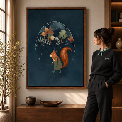Squirrel umbrella canvas art shown in the walnut frame option within a warm living room.