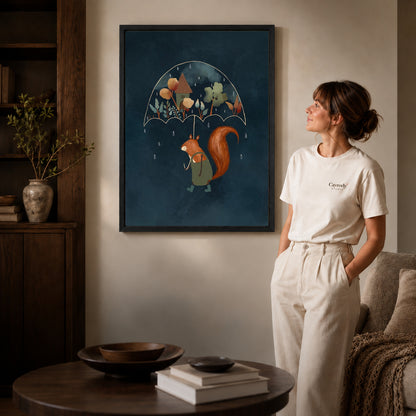 Squirrel umbrella canvas art shown in the black frame option against a softly lit wall.