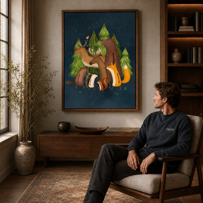 Woodland friends canvas art in a walnut frame above a console beside a seated man.