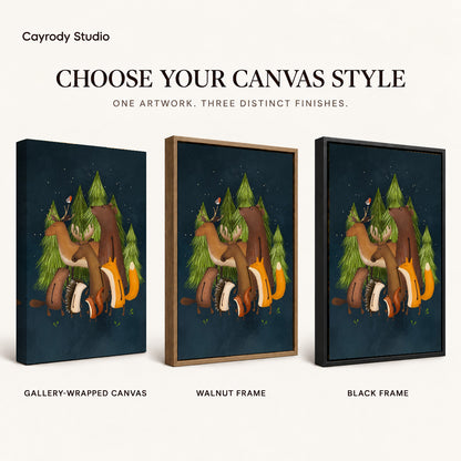 Woodland friends canvas art compared across gallery-wrapped canvas, walnut frame, and black frame finishes.