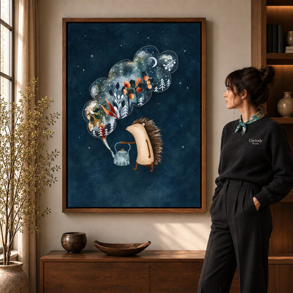 Hedgehog canvas art in a walnut frame beside a standing woman and wooden console.