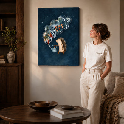 Hedgehog canvas art on gallery-wrapped canvas with natural edge shading beside a standing woman.