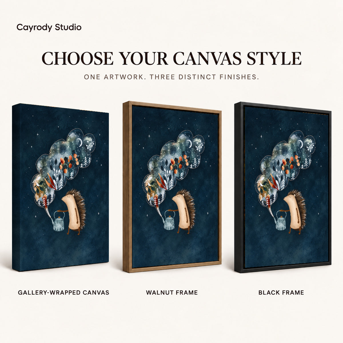 Hedgehog canvas art compared across gallery-wrapped canvas, walnut frame, and black frame finishes.