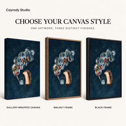 Hedgehog canvas art compared across gallery-wrapped canvas, walnut frame, and black frame finishes.