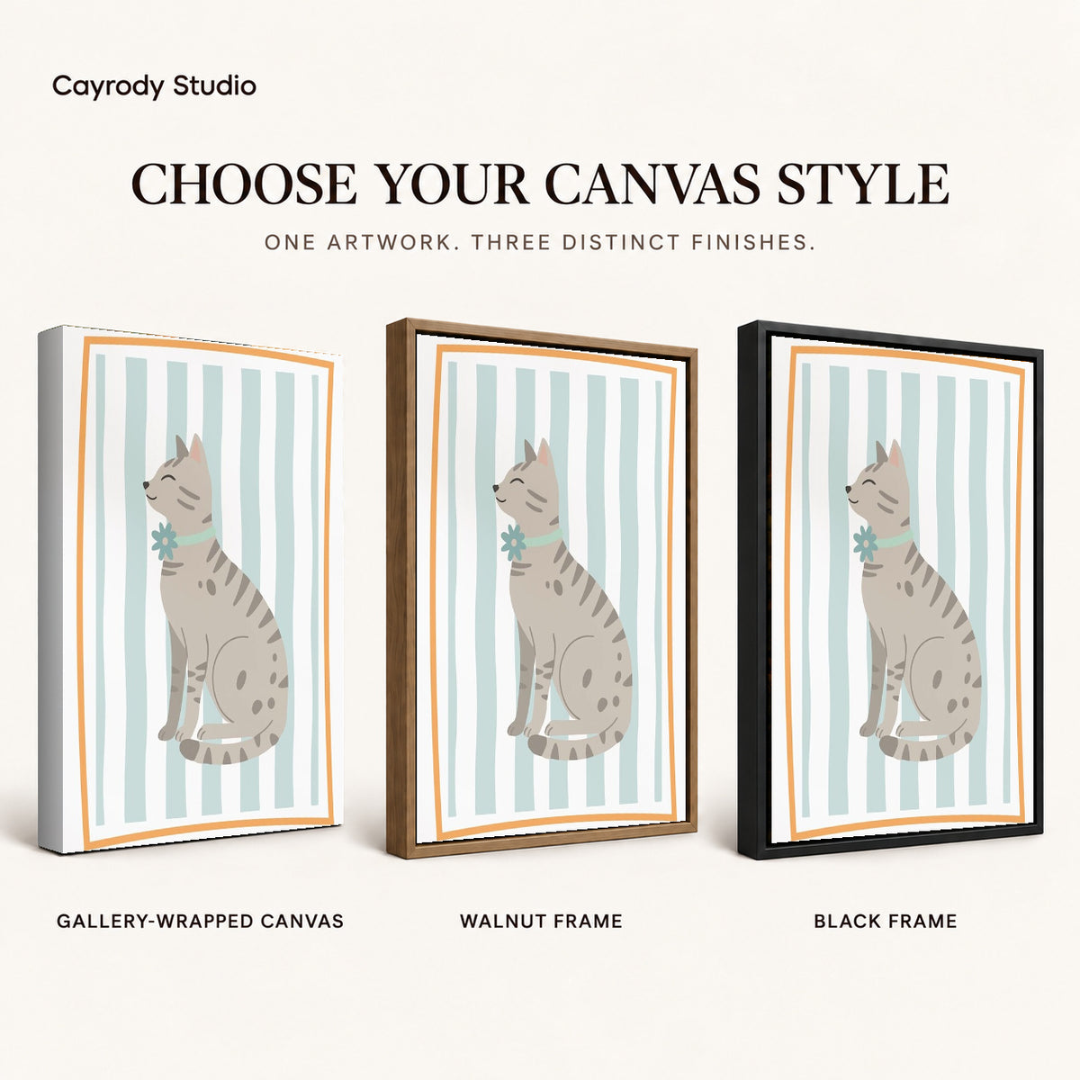 Tabby cat canvas art compared across gallery-wrapped canvas, walnut frame, and black frame finishes.