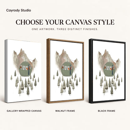 Ski gondola canvas art compared across gallery-wrapped canvas, walnut frame, and black frame finishes.