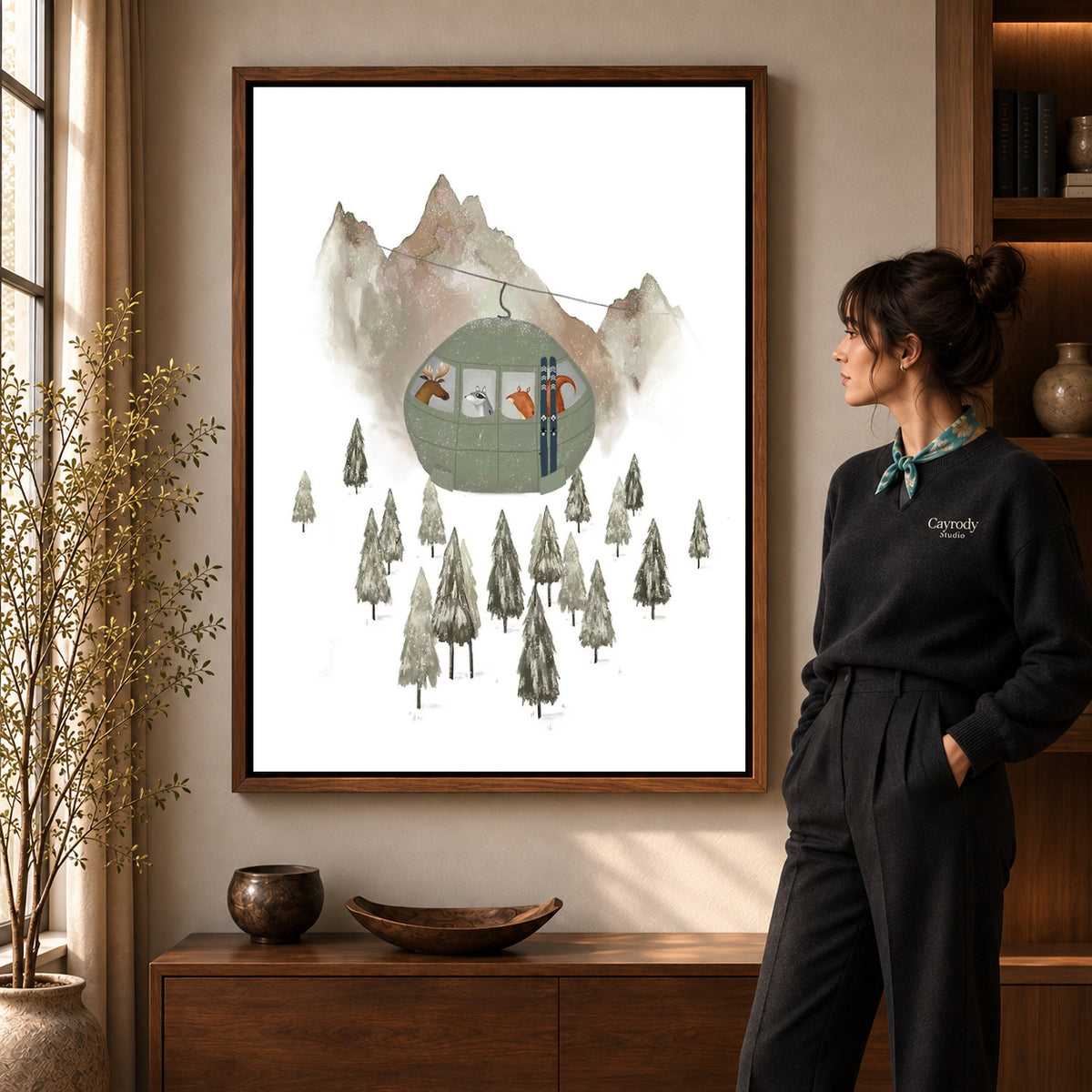 Ski gondola canvas art shown in the walnut frame option within a warm living room.