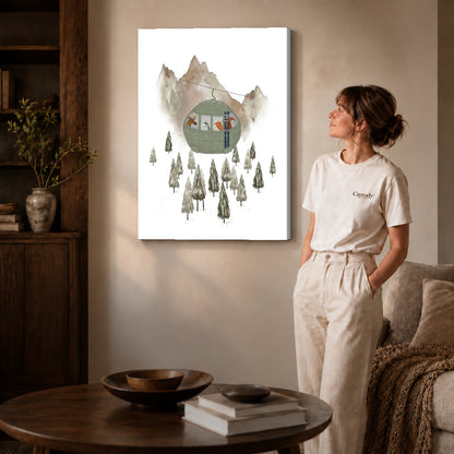 Ski gondola canvas art shown in the gallery-wrapped option with visible depth and warm surroundings.