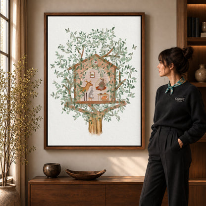 Woodland treehouse canvas art in a walnut frame beside a standing woman and wooden console.