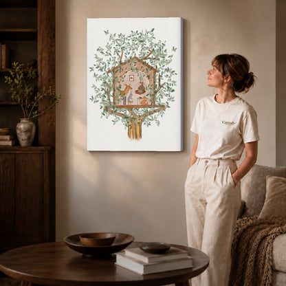 Woodland treehouse canvas art on gallery-wrapped canvas with natural edge shading beside a standing woman.