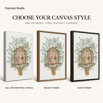 Woodland treehouse canvas art compared across gallery-wrapped canvas, walnut frame, and black frame finishes.