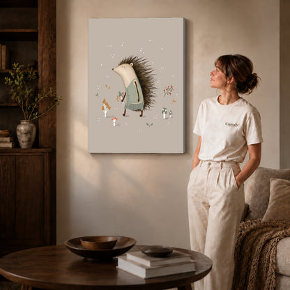 Hedgehog sweater canvas art on gallery-wrapped canvas with natural edge shading beside a standing woman.