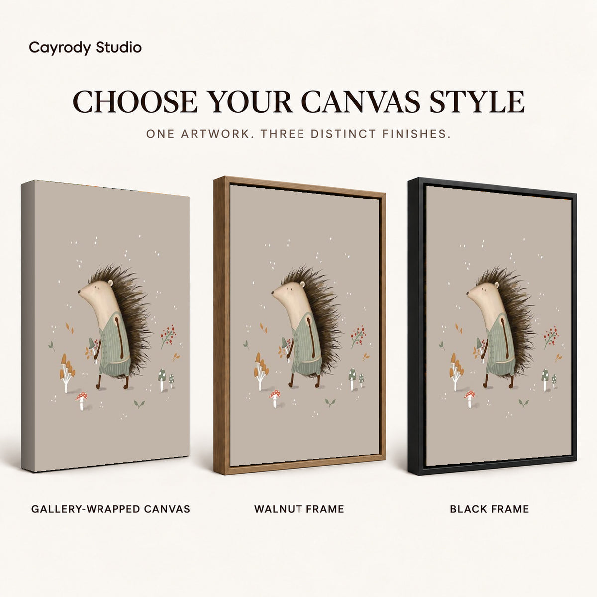 Hedgehog sweater canvas art compared across gallery-wrapped canvas, walnut frame, and black frame finishes.