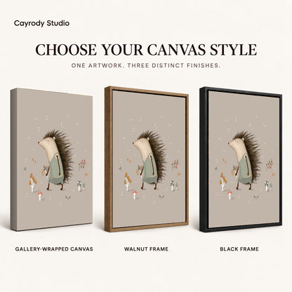 Hedgehog sweater canvas art compared across gallery-wrapped canvas, walnut frame, and black frame finishes.