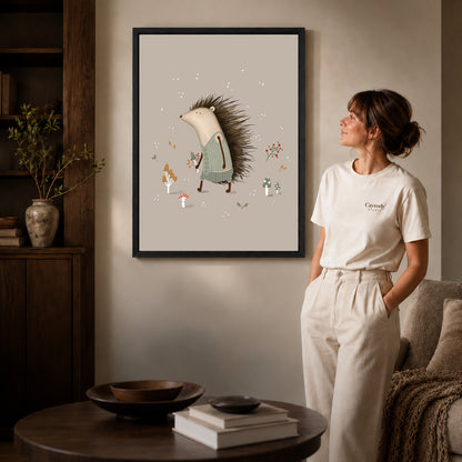 Hedgehog sweater canvas art shown in the black frame option against a softly lit wall.