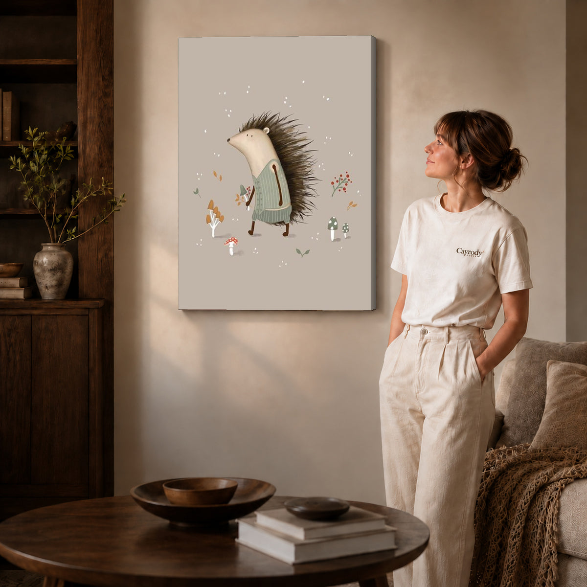 Hedgehog sweater canvas art shown in the gallery-wrapped option with visible depth and warm surroundings.