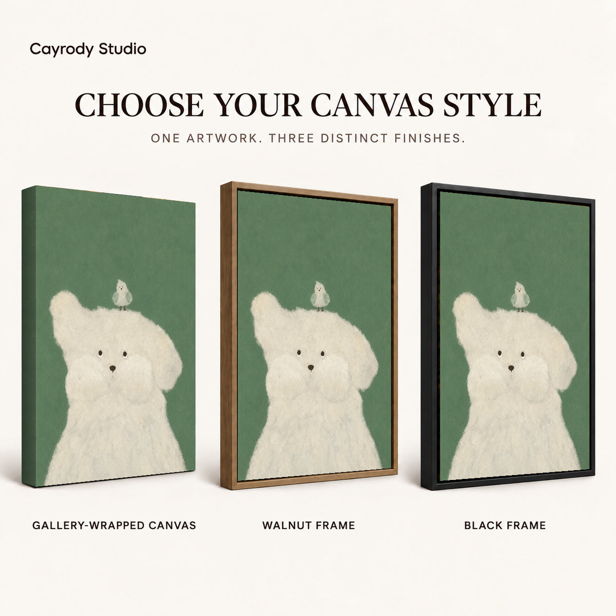 Puppy and bird canvas art compared across gallery-wrapped canvas, walnut frame, and black frame finishes.