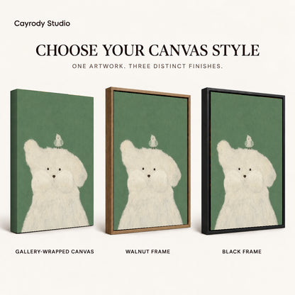 Puppy and bird canvas art compared across gallery-wrapped canvas, walnut frame, and black frame finishes.