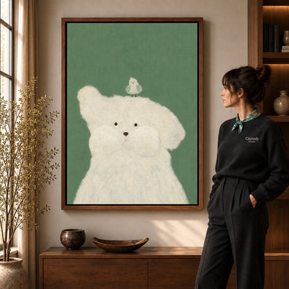Puppy and bird canvas art shown in the walnut frame option within a warm living room.