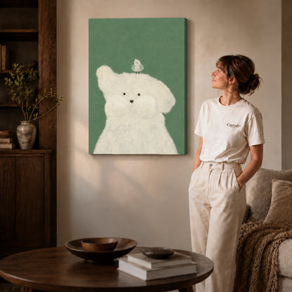 Puppy and bird canvas art shown in the gallery-wrapped option with visible depth and warm surroundings.