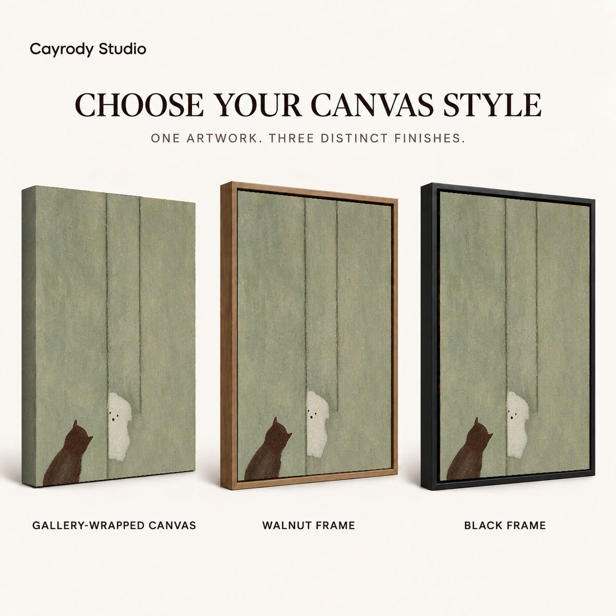 Ghost cat canvas art compared across gallery-wrapped canvas, walnut frame, and black frame finishes.