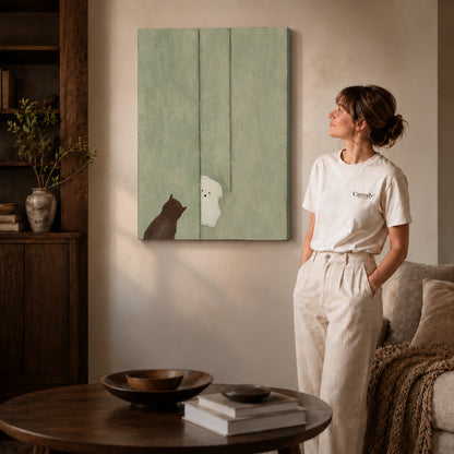 Ghost cat canvas art shown in the gallery-wrapped option with natural edge shading and living room surroundings.
