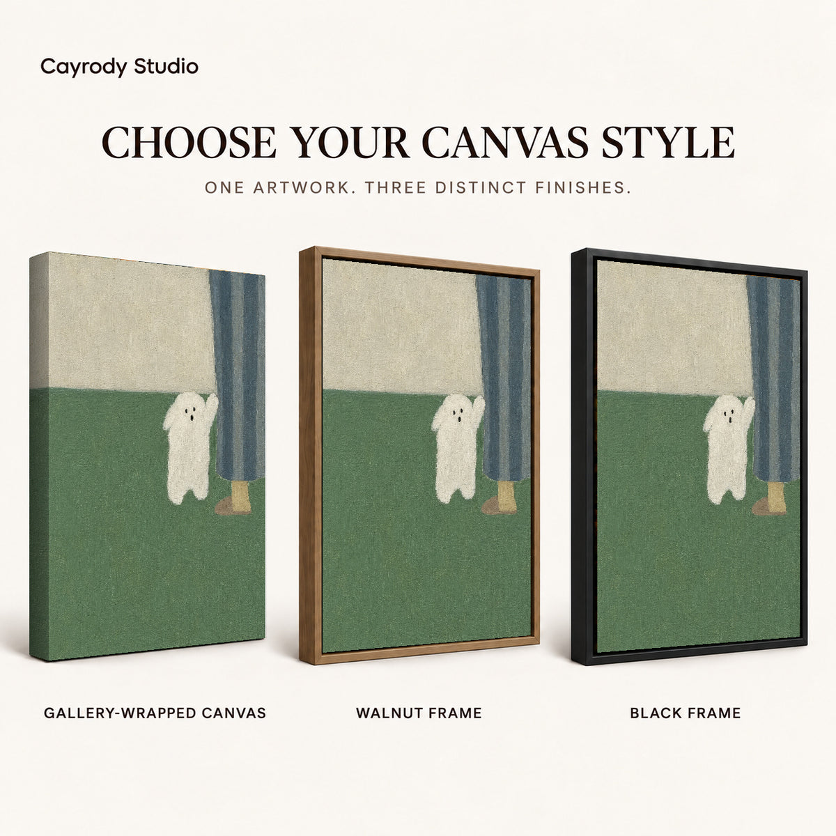 Little ghost canvas art compared across gallery-wrapped canvas, walnut frame, and black frame finishes.