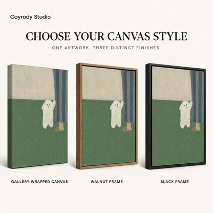 Little ghost canvas art compared across gallery-wrapped canvas, walnut frame, and black frame finishes.