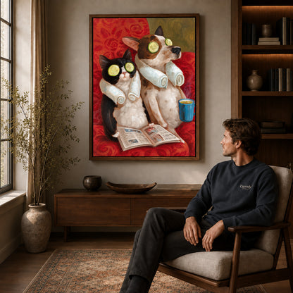 painterly spa pet friends canvas art in a walnut frame above a console beside a seated man.