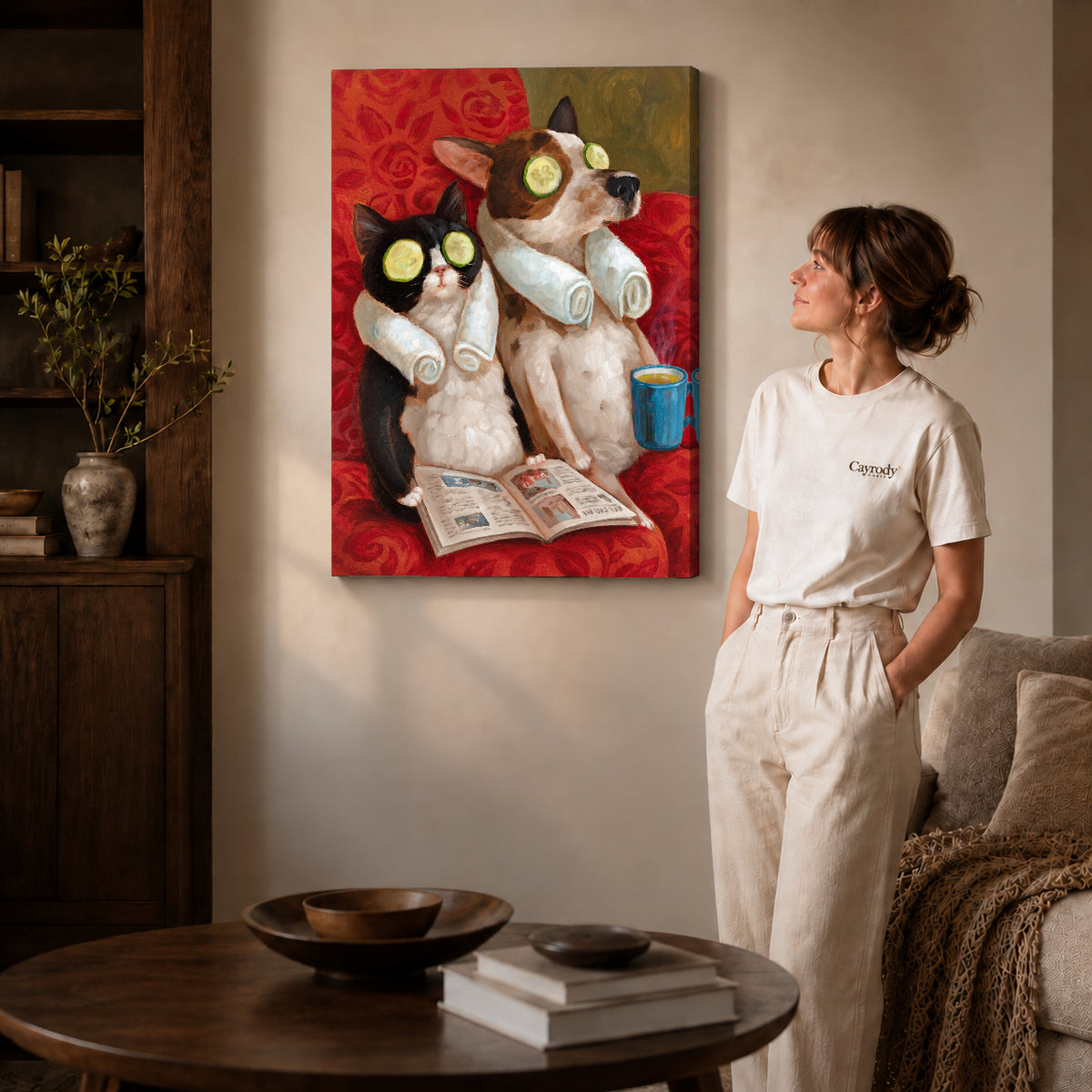 painterly spa pet friends canvas art on gallery-wrapped canvas with natural edge shading beside a standing woman.