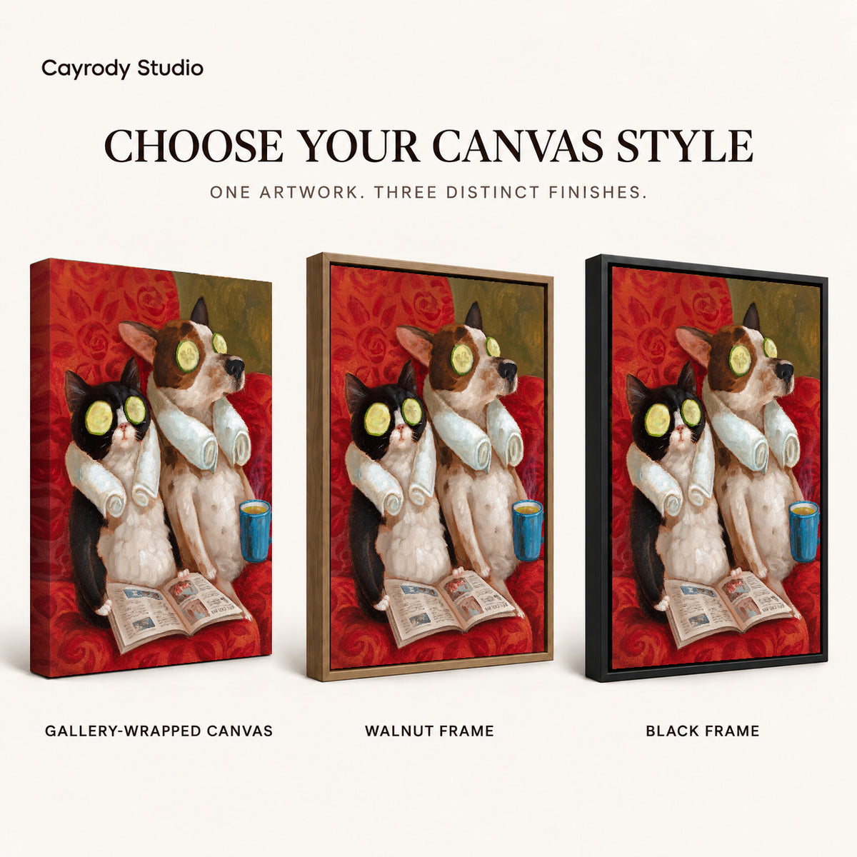 painterly spa pet friends canvas art compared across gallery-wrapped canvas, walnut frame, and black frame finishes.