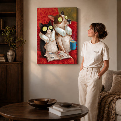 painterly spa pet friends canvas art shown in the gallery-wrapped option with visible depth and warm surroundings.