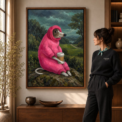 Coffee dog canvas art in a walnut frame beside a standing woman and wooden console.