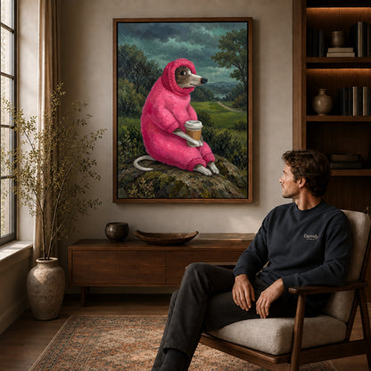 Coffee dog canvas art in a walnut frame above a console beside a seated man.