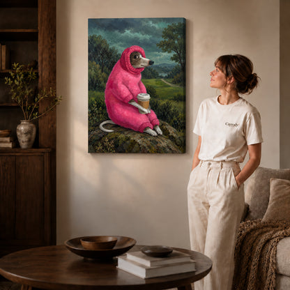 Coffee dog canvas art on gallery-wrapped canvas with natural edge shading beside a standing woman.